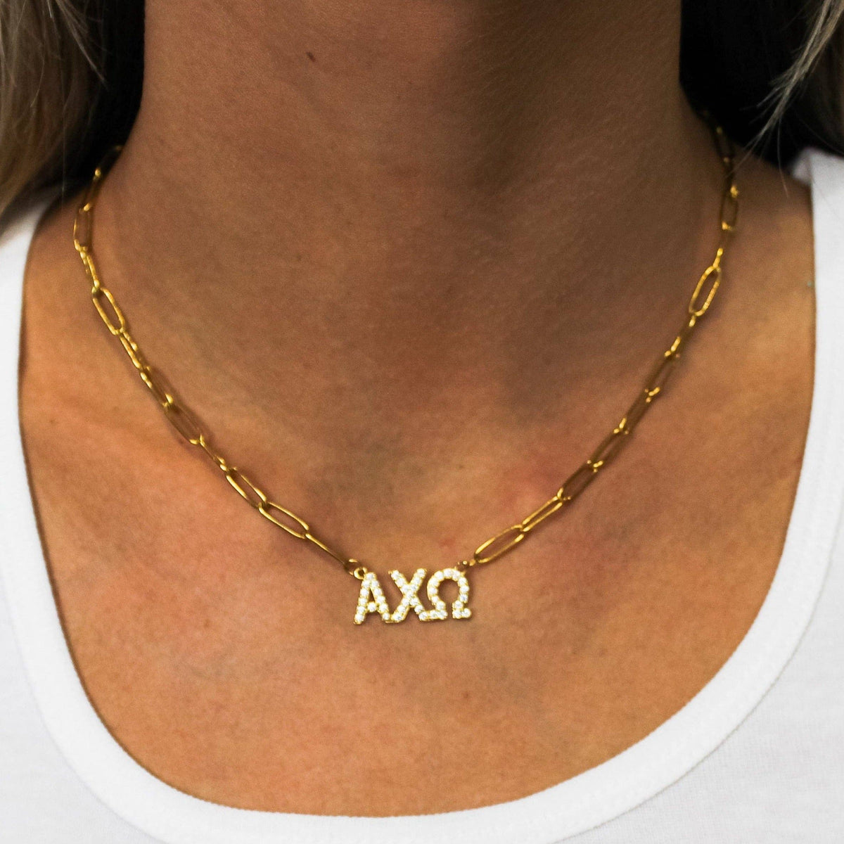 Rhinestone Sorority Necklace: ALPHA OMICRON PI