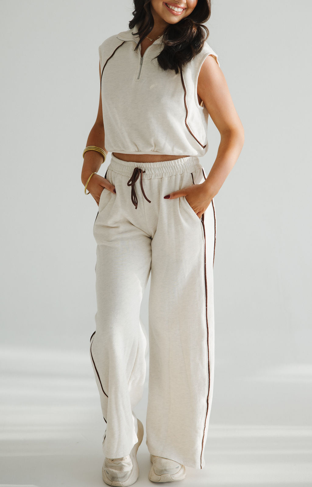 On The Track Pant Set | Cream/Brown