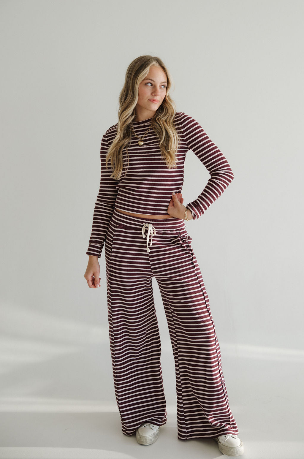 Striped Waffle Long Sleeve Top & Pants Set