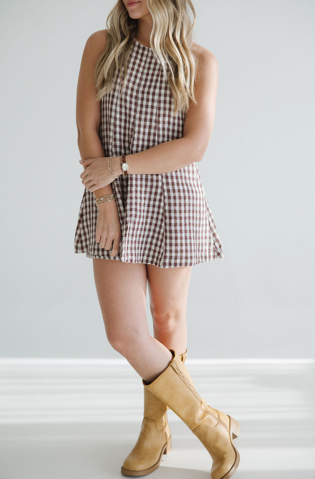 Falling For Gingham Romper | Brown