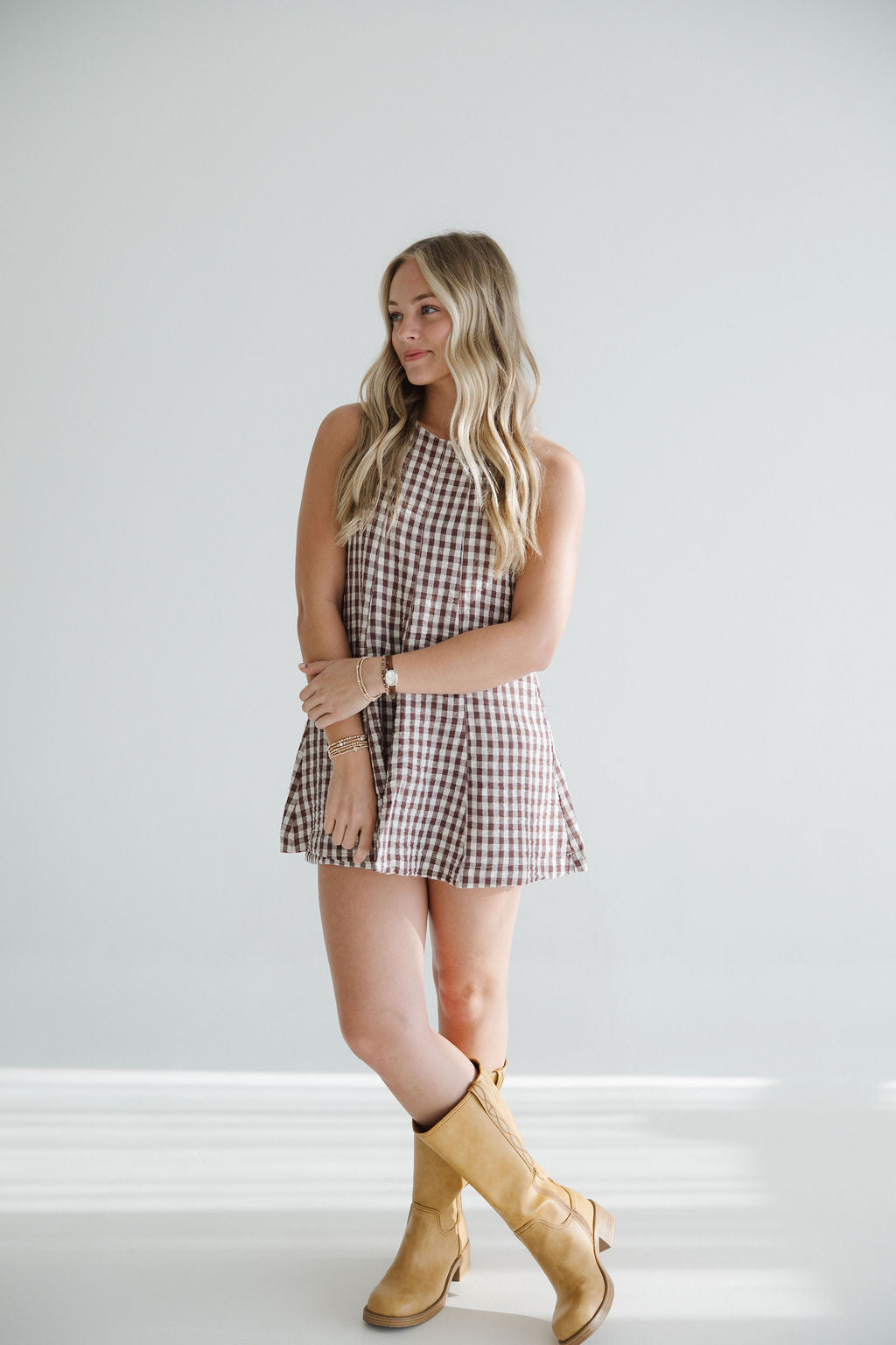 Falling For Gingham Romper | Brown