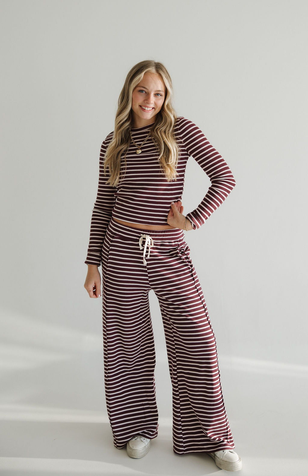 Striped Waffle Long Sleeve Top & Pants Set