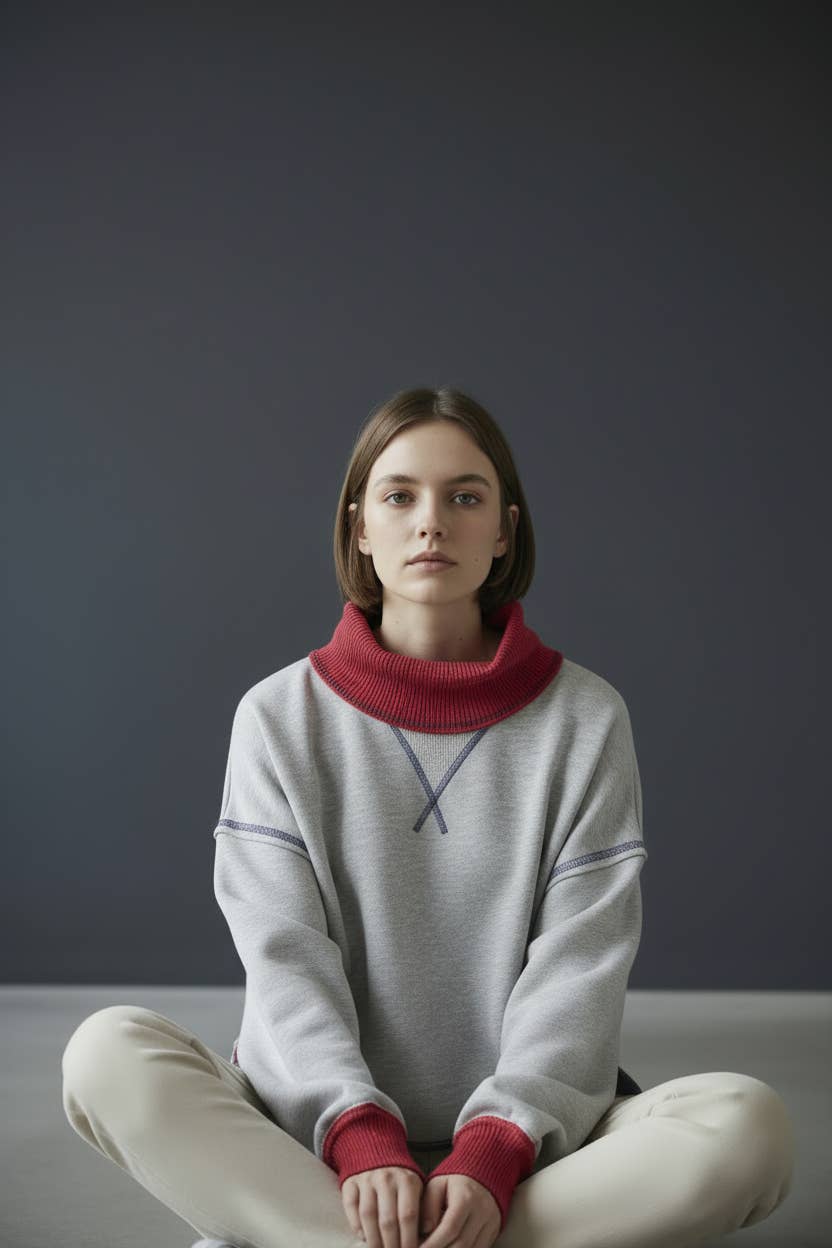 T3018 | Wide Ribbed Collared Neck Cape Sweatshirt: H GREY/YELLOW / S-M-L (2-2-2)