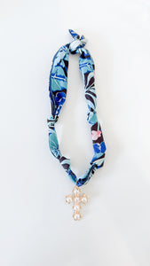 Blue Pearl Cross Scarf Necklace