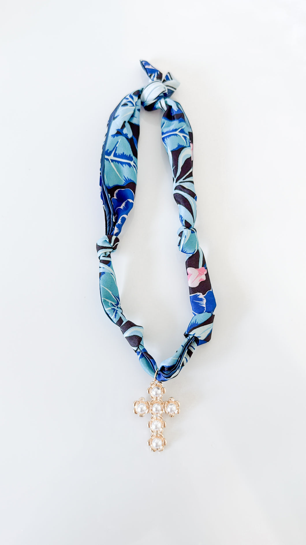 Blue Pearl Cross Scarf Necklace