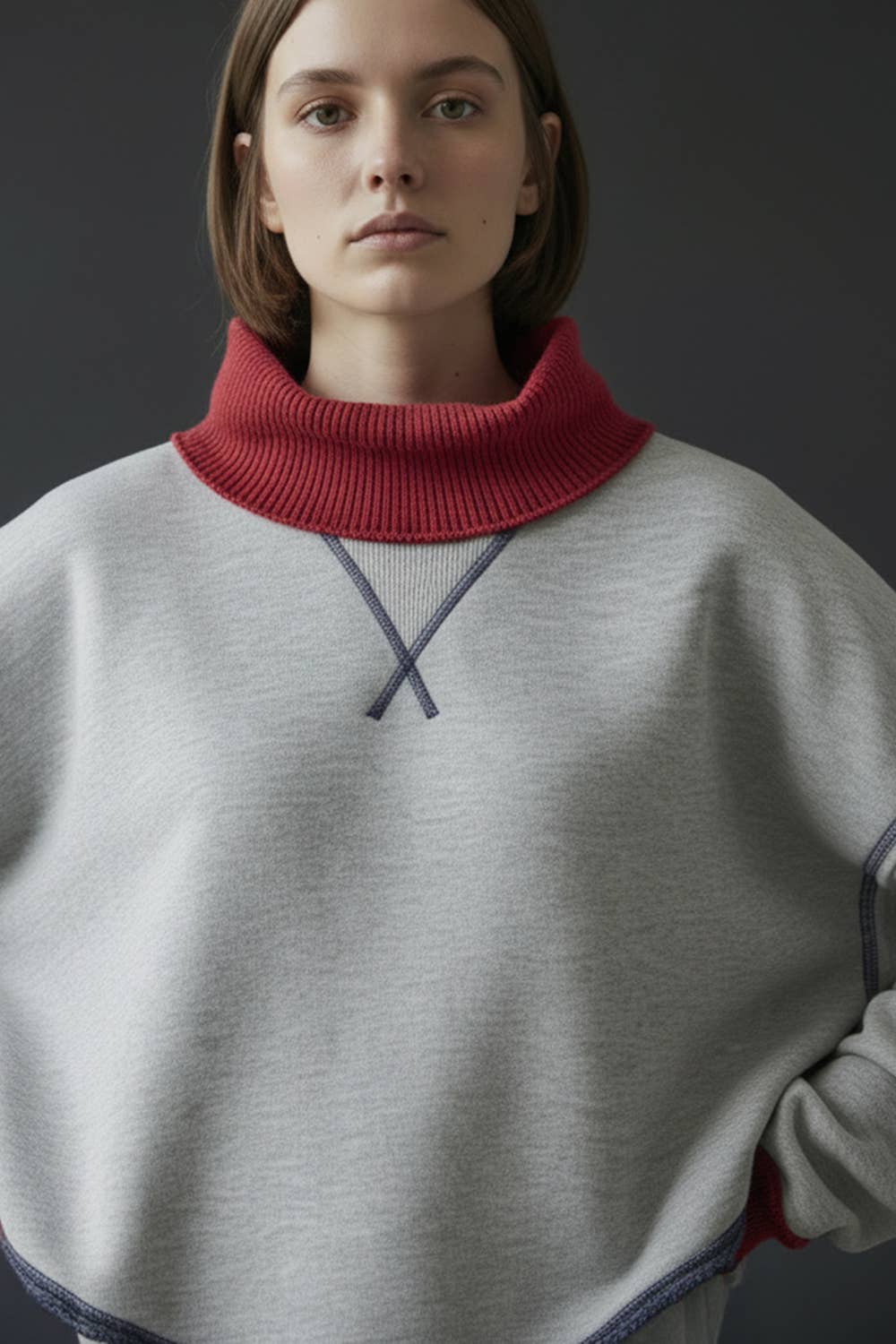 T3018 | Wide Ribbed Collared Neck Cape Sweatshirt: H GREY/YELLOW / S-M-L (2-2-2)