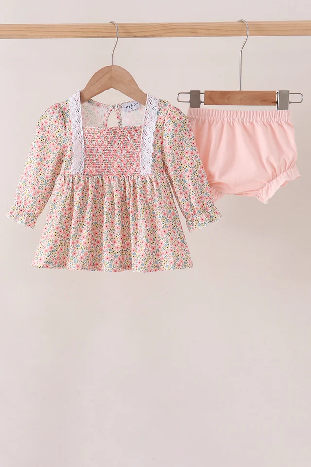 Floral  Smocked Lace Bloomer Set