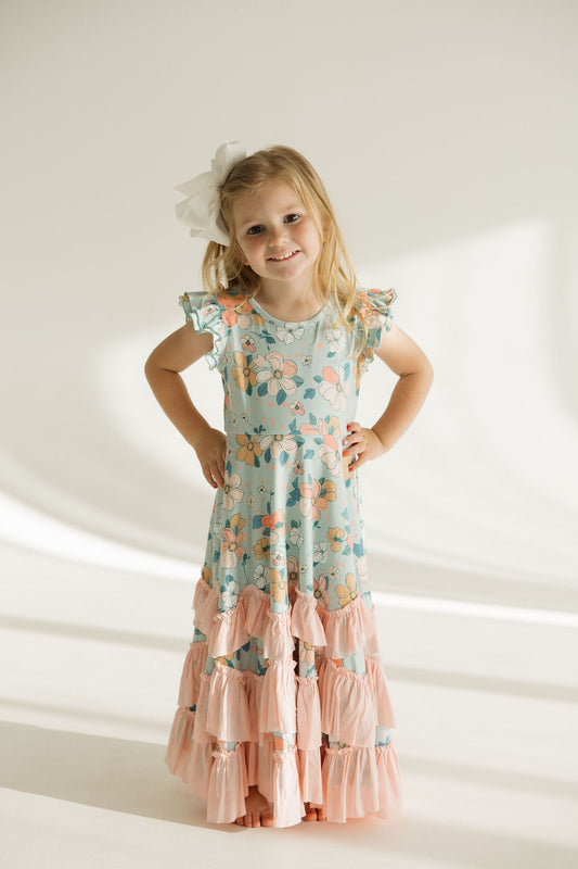 Bella Pastel Floral Flutter Sleeve Dress | Mint