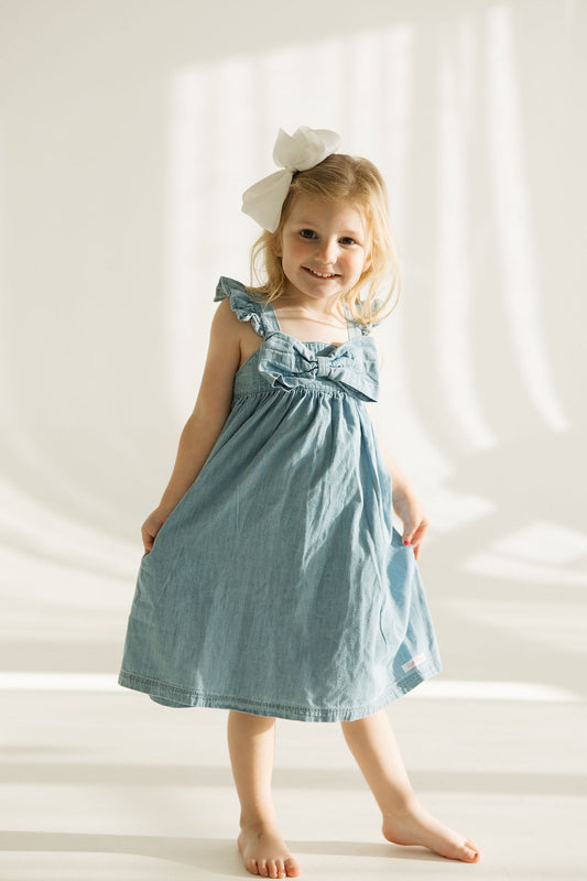 Denim Flutter Bow Woven Dress