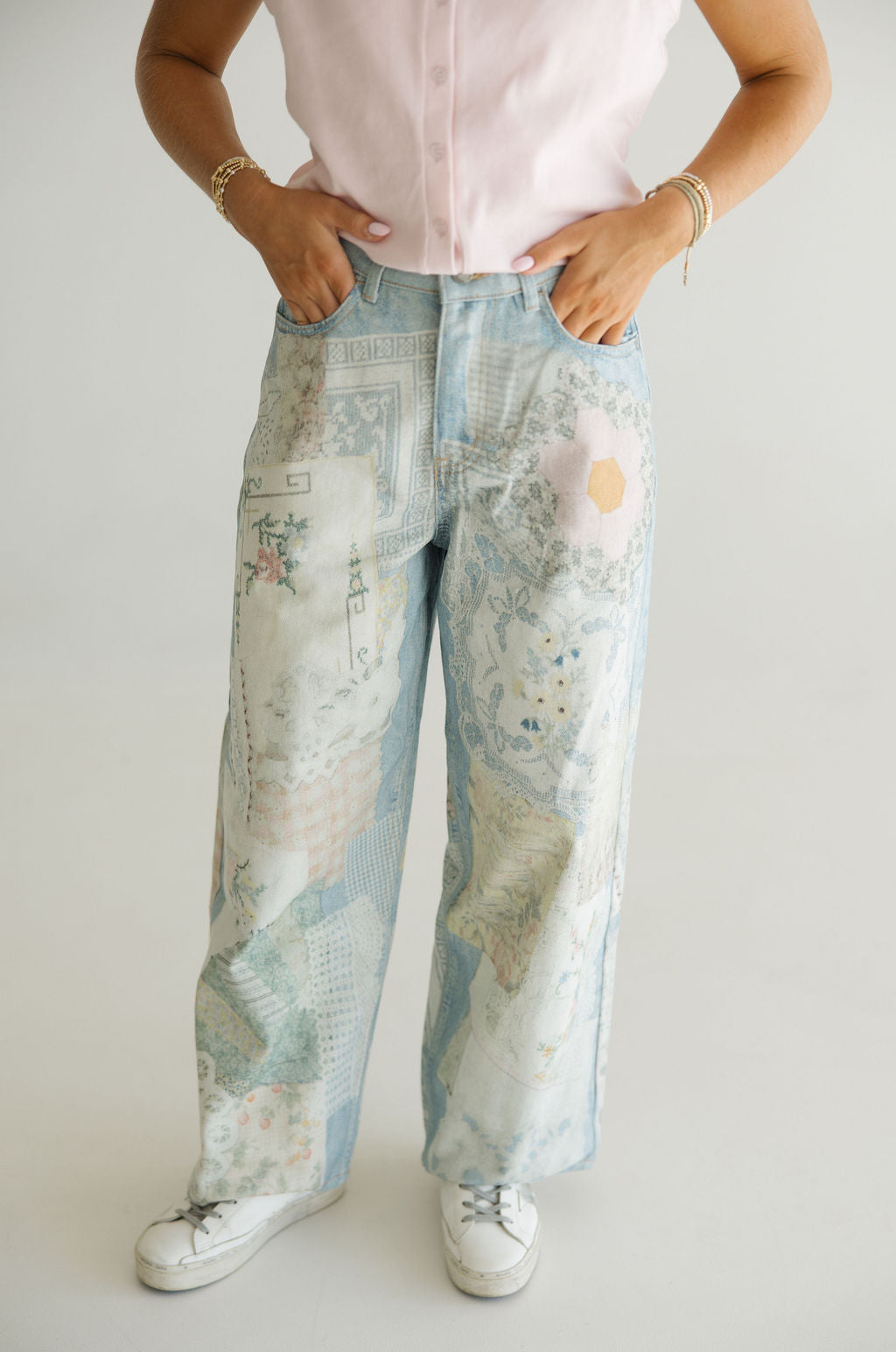 Printed Patchwork Denim Pants