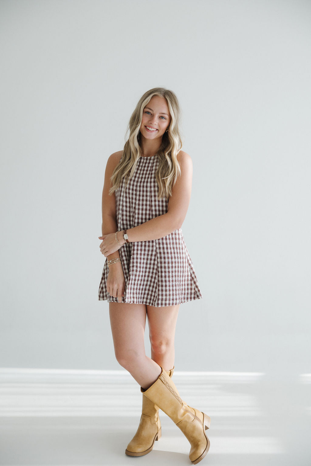 Falling For Gingham Romper | Brown