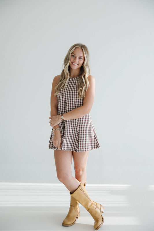 Falling For Gingham Romper | Brown