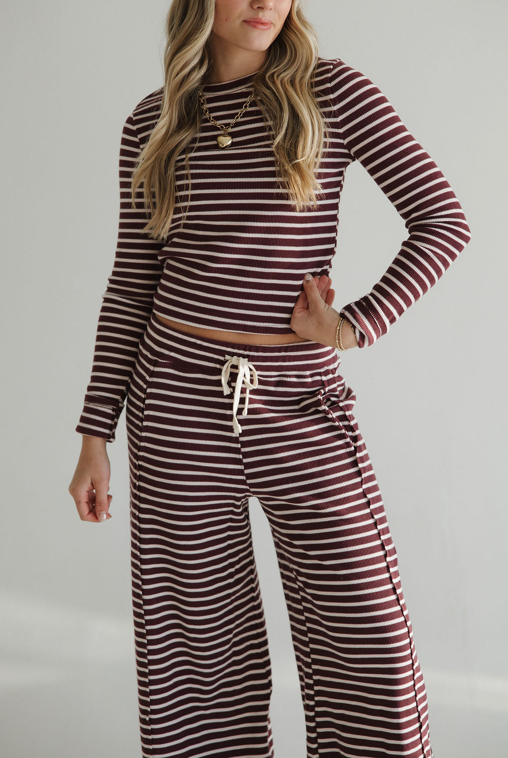 Striped Waffle Long Sleeve Top & Pants Set
