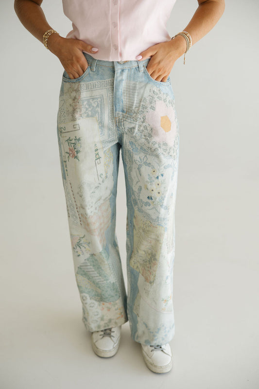 Printed Patchwork Denim Pants