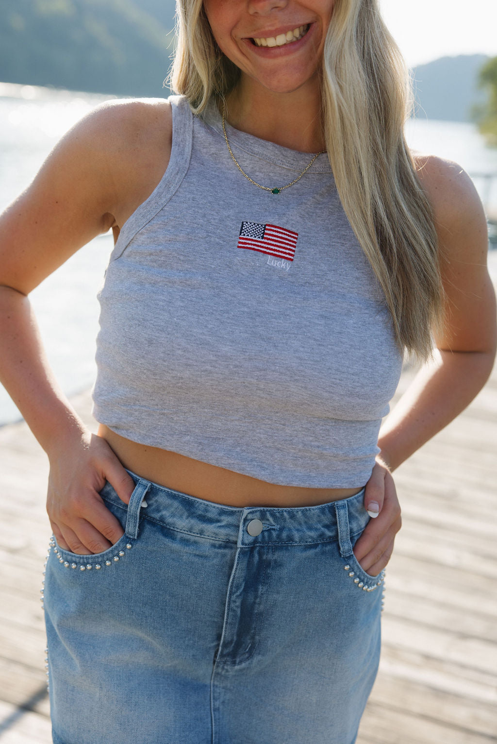 Lucky Flag Embroidered Tank | Gray